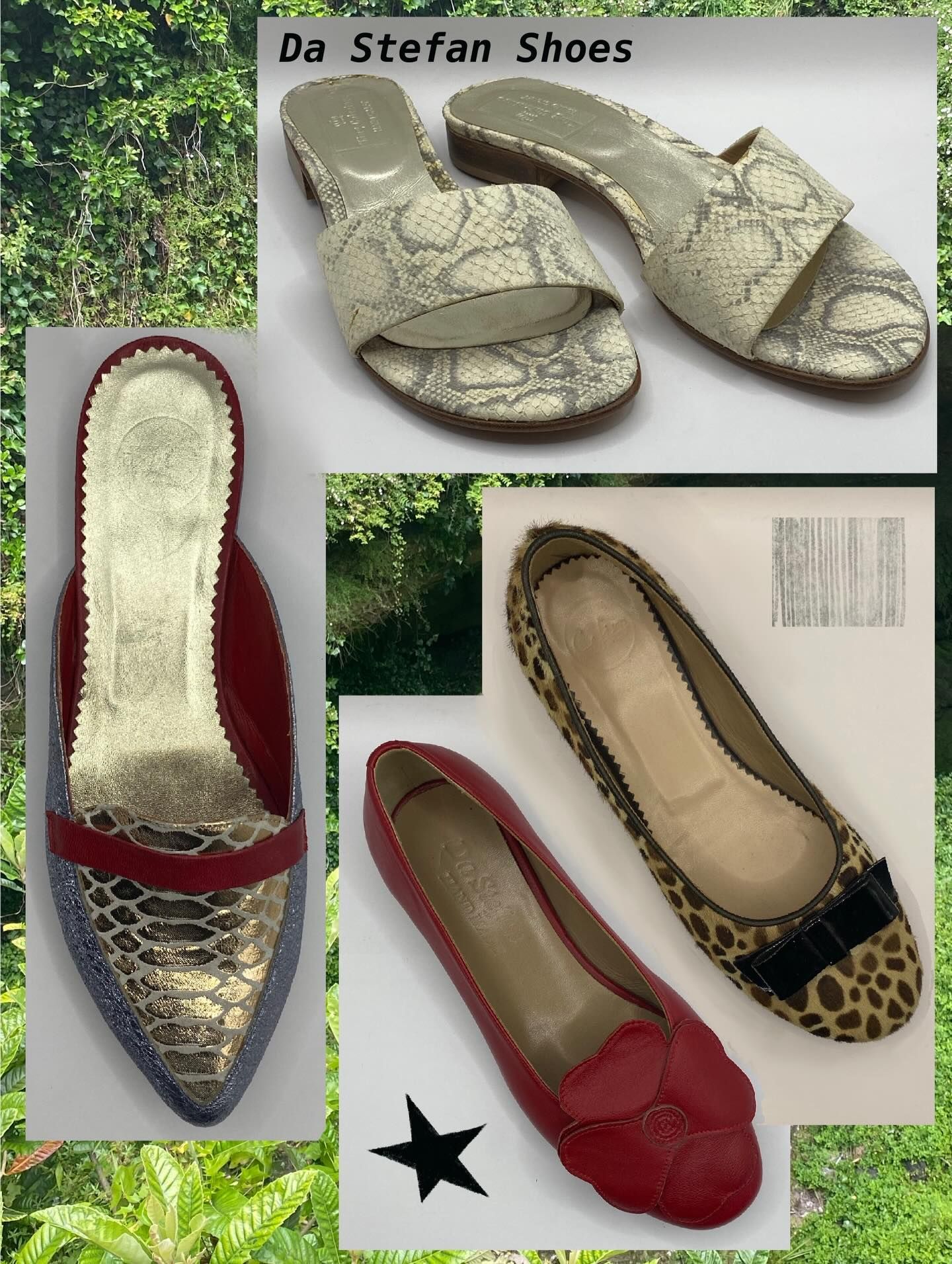 Shoes, different styles: slides, flats, and mules; with animal print and red leather.