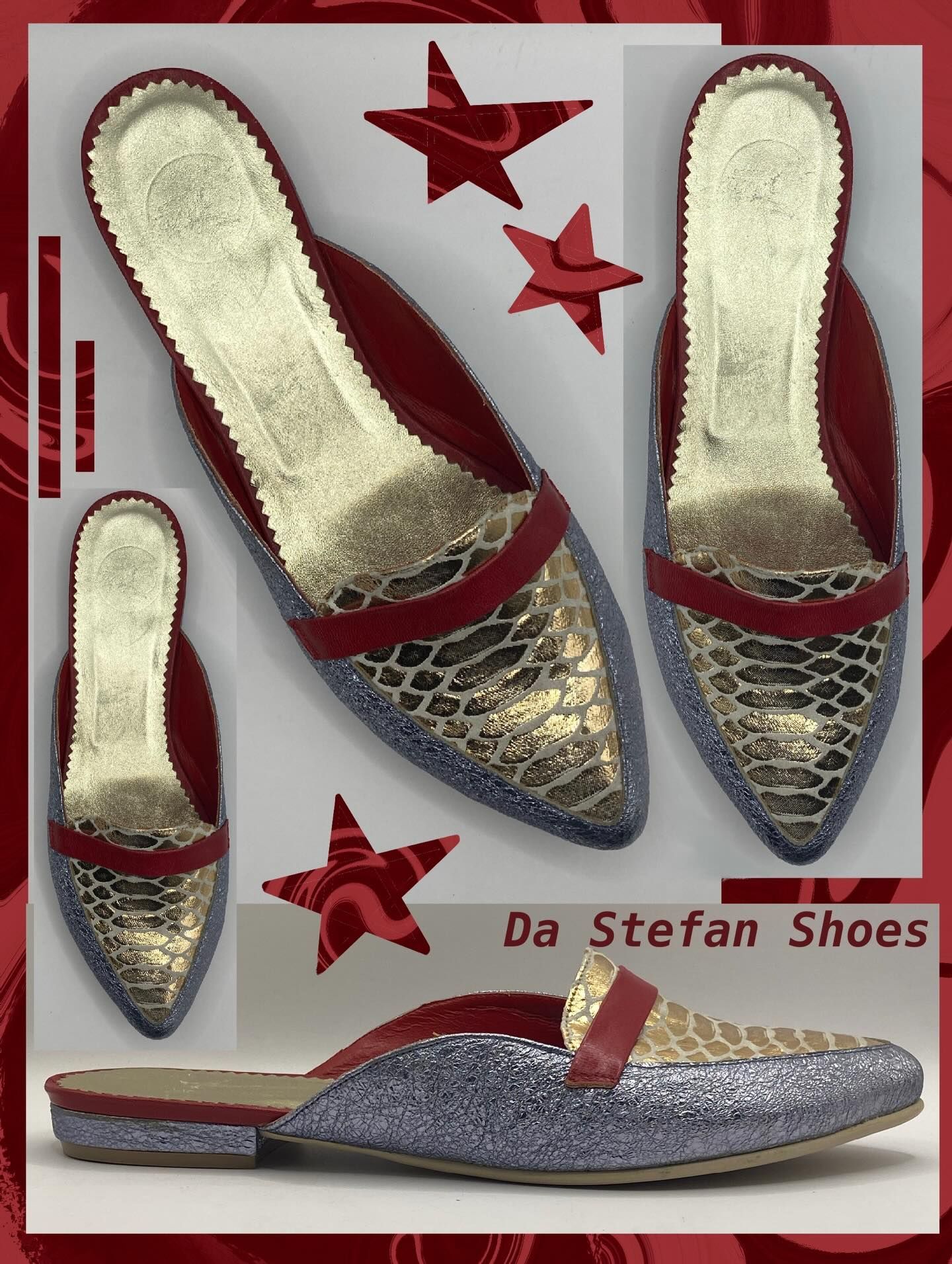 Da Stefan Shoes collage: gold, red, and silver glitter mules; red stars on a red and white background.