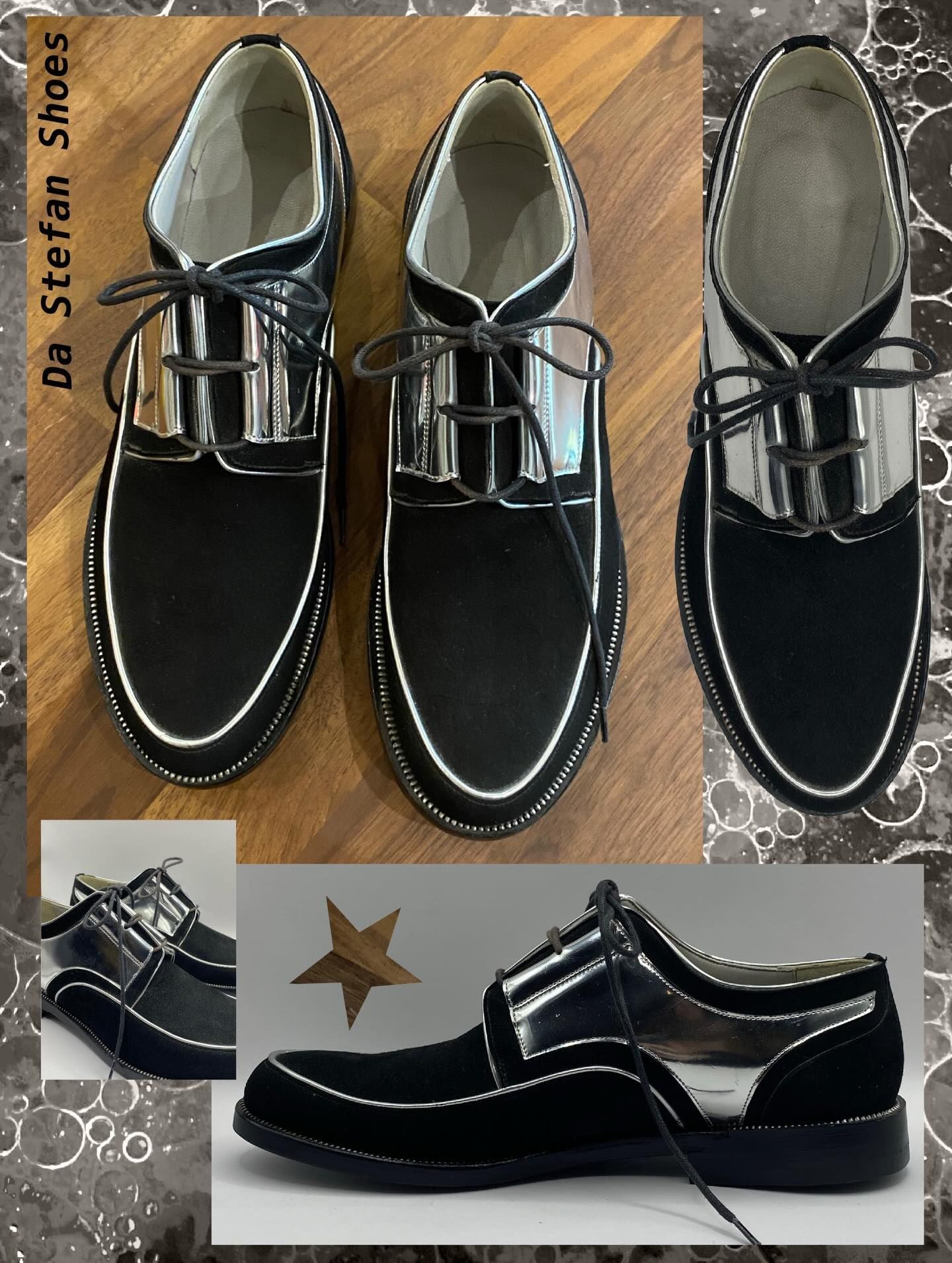 Black suede and silver men's shoes from Da Stefan Shoes, with intricate details and stitching.