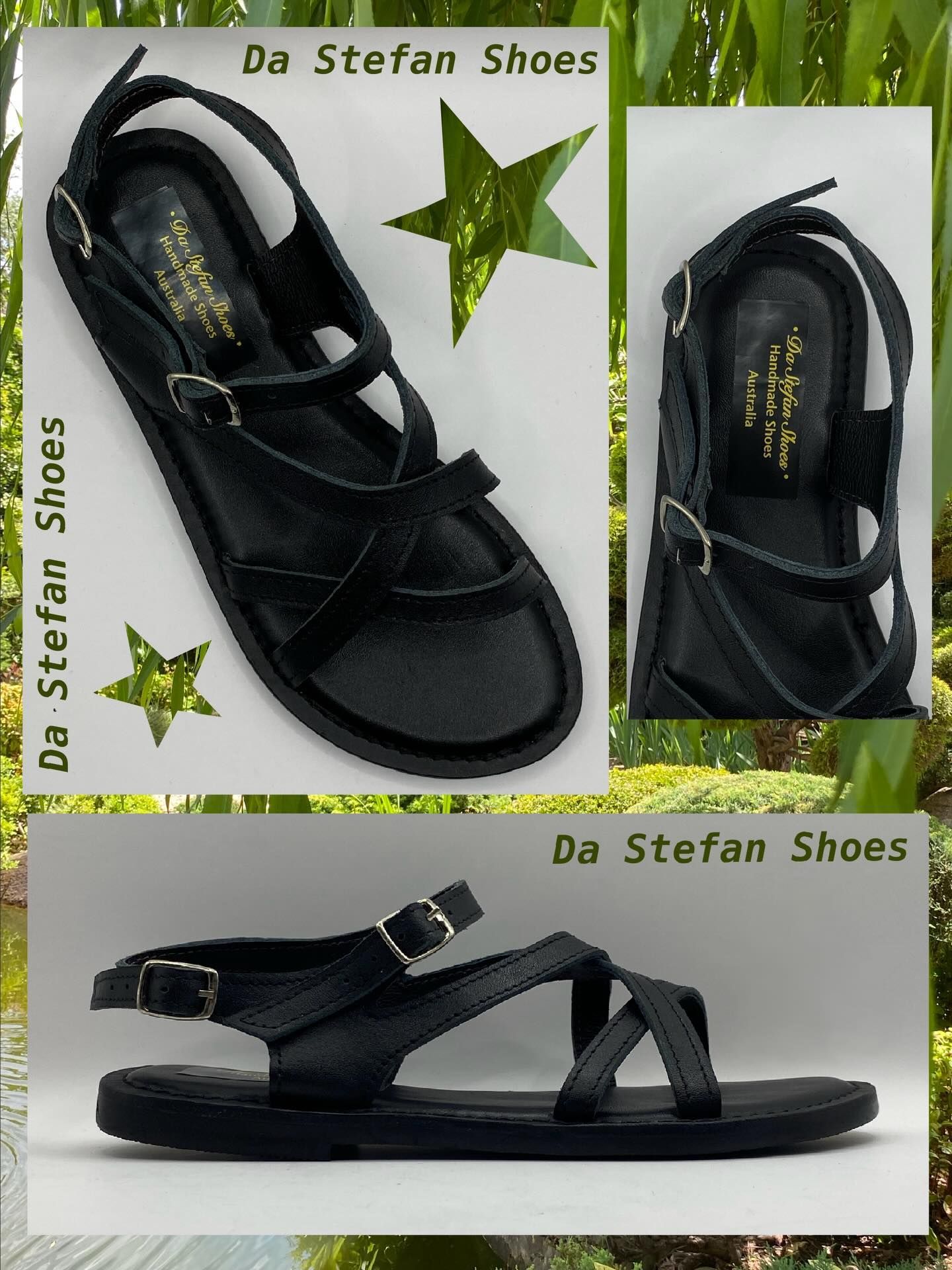 Black leather sandals with multiple straps and buckle closure, presented with a green background and 