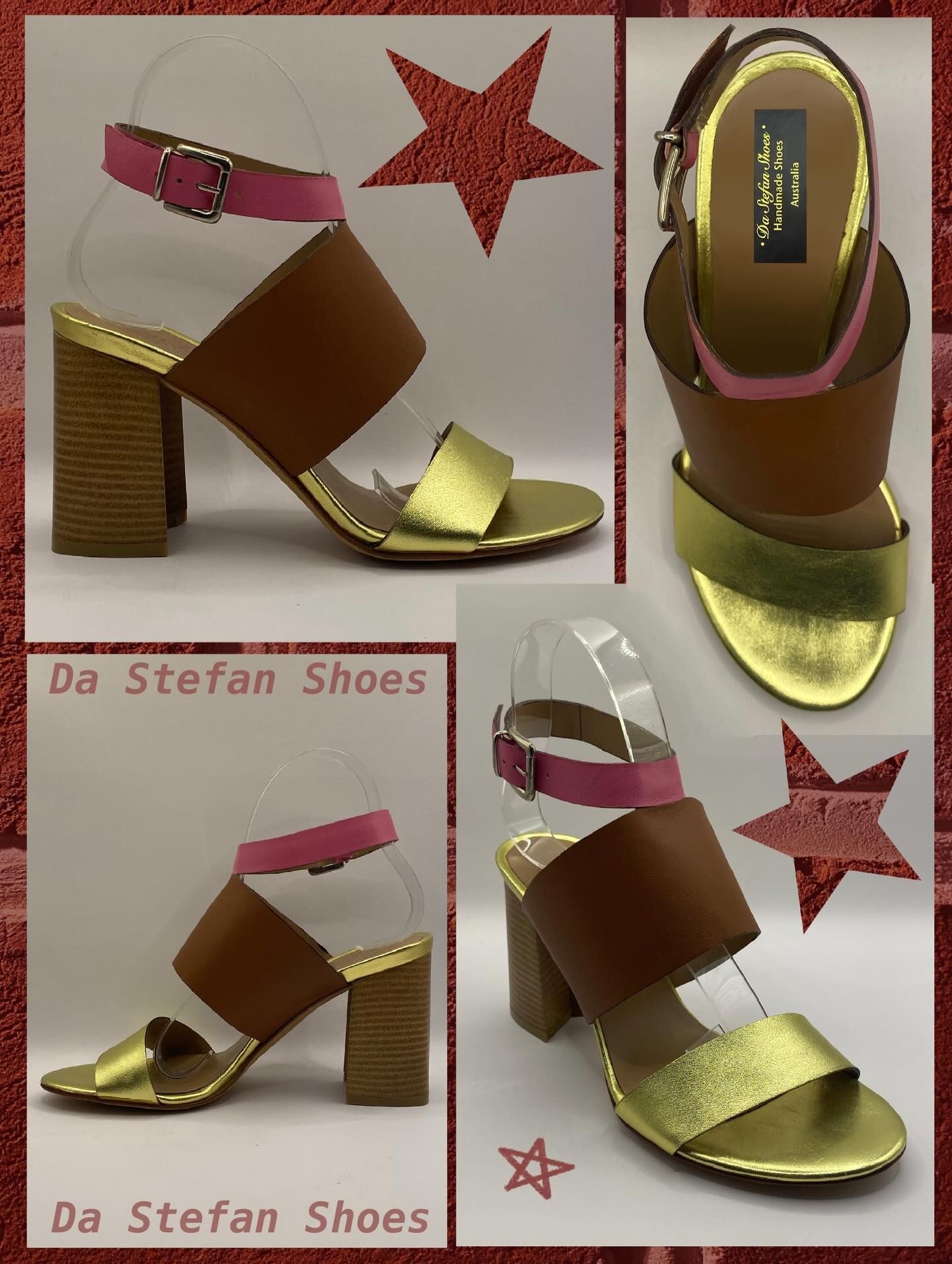 Sandals in brown, gold, and pink with a block heel.