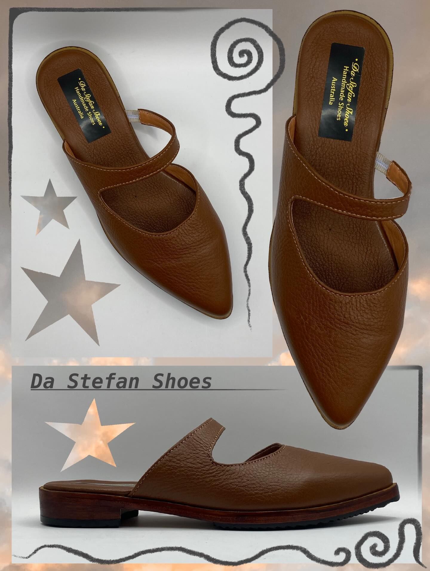 Brown leather women's slip-on shoes, overhead, side, and angled views. Brand label visible. Star and swirly background.