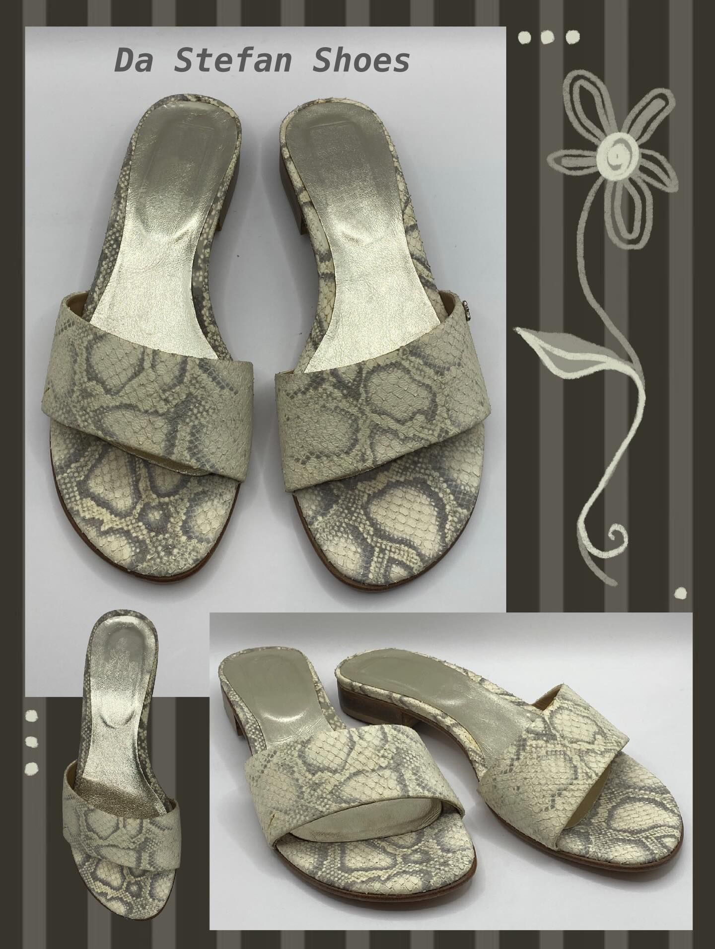 Sandals with snakeskin pattern, on white background, with a floral design.
