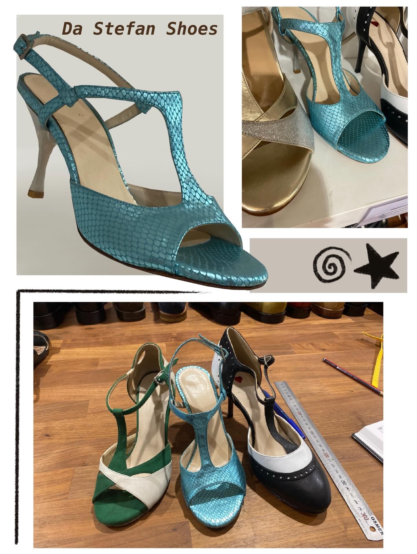 Several pairs of blue, green, and black T-strap high-heeled shoes on a wooden surface, with a pair in a box above.