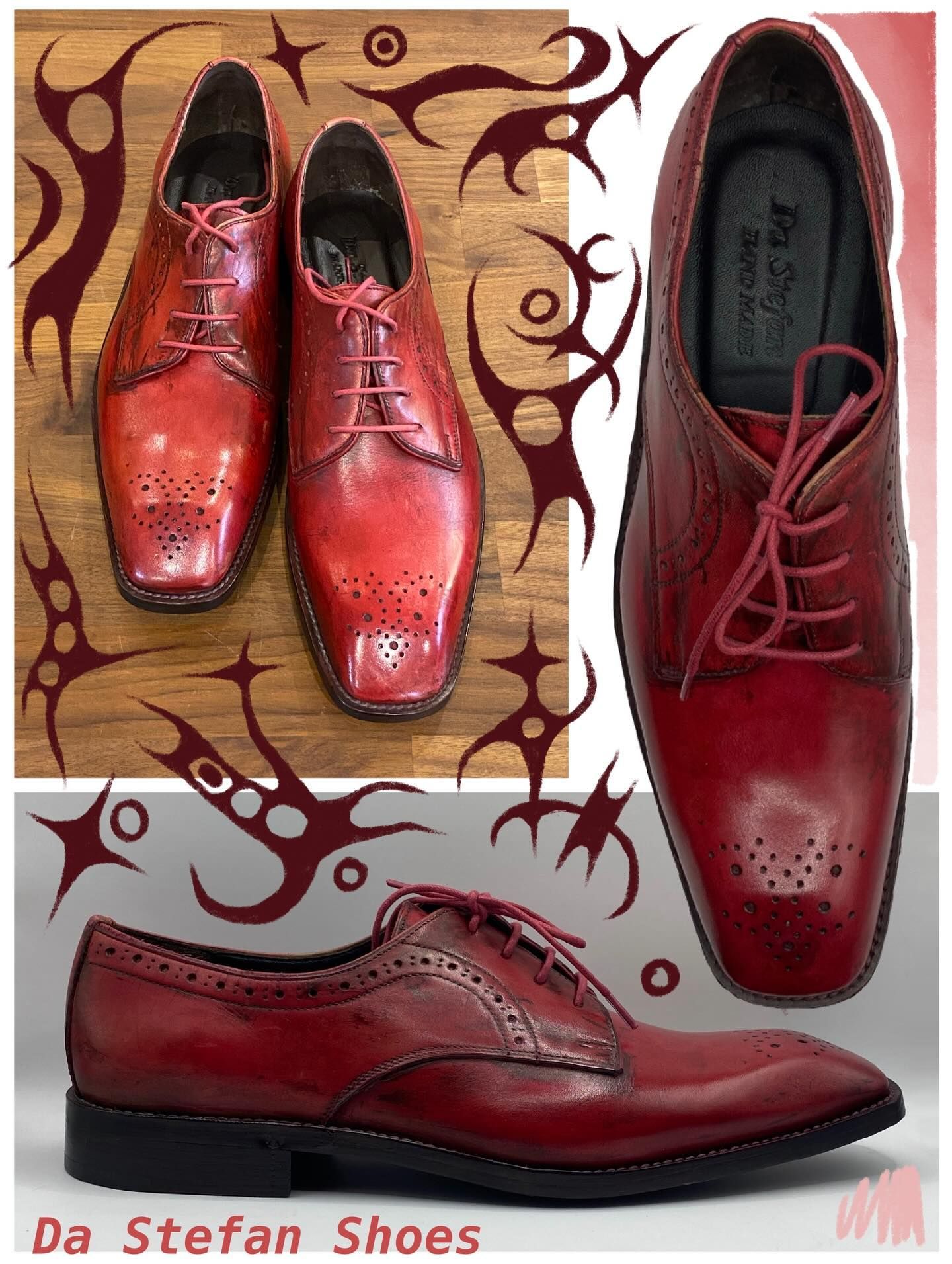Red leather dress shoes, showcased against a decorative backdrop; 