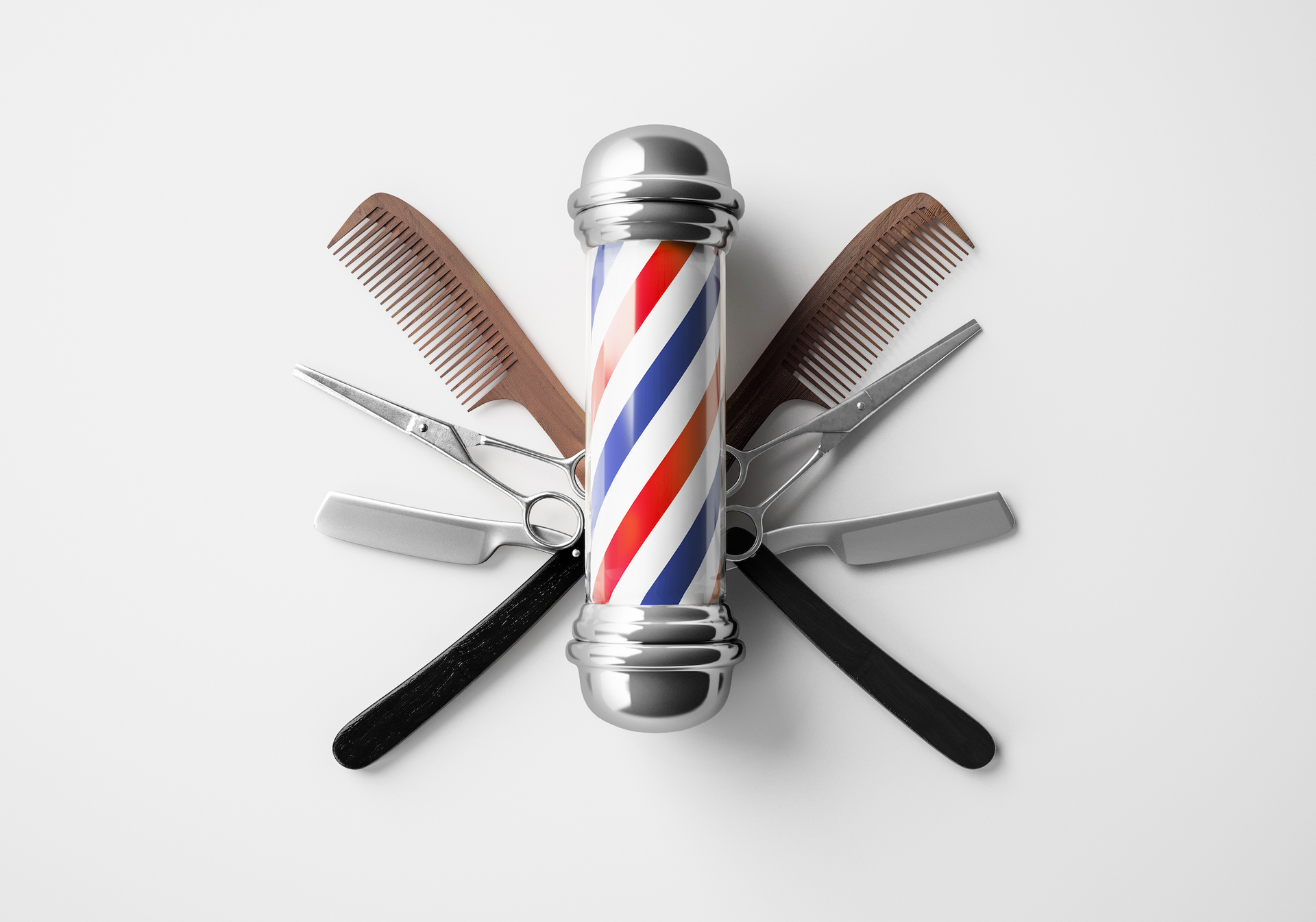 A barber pole with scissors , combs and razors on it.