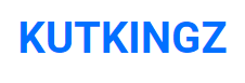 A blue and white logo for kutkingz on a white background.