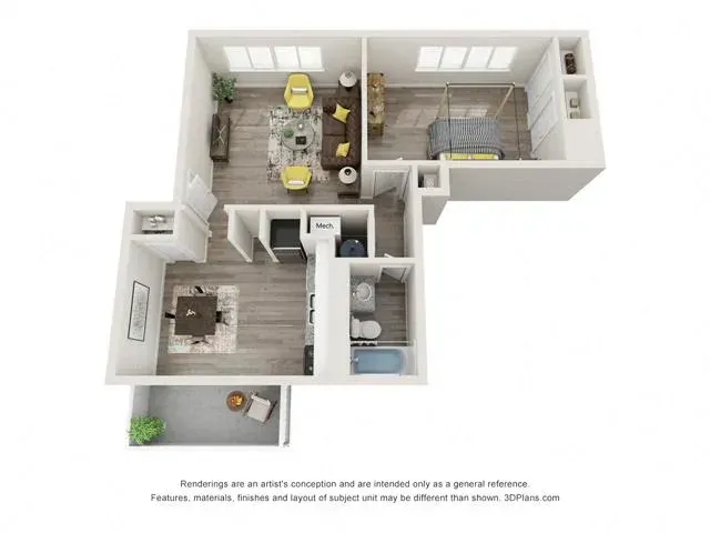 3D floor plan of a small apartment with living room, kitchen, bedroom, and bathroom; white walls and yellow accents