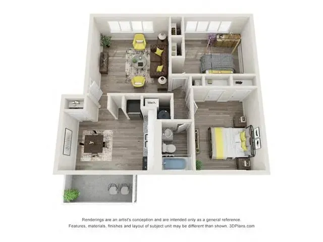 3D floor plan of a small apartment with kitchen, living area, bathroom, and bedroom in neutral colors