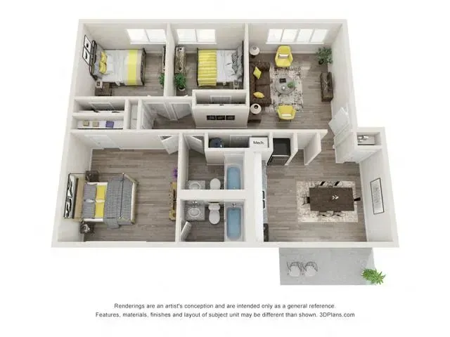 Top-down view of a furnished apartment layout with bedrooms, bathroom, kitchen, dining area, and living room.