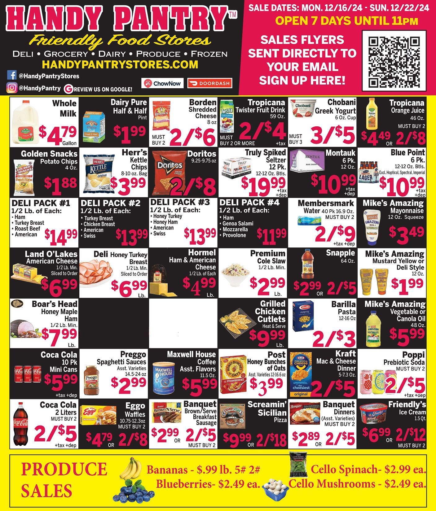 A handy pantry flyer shows a variety of items for sale