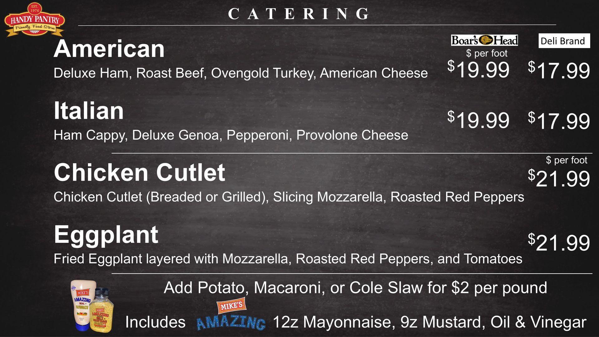 Catering menu with sandwich options: American, Italian, Chicken Cutlet, and Eggplant with prices.