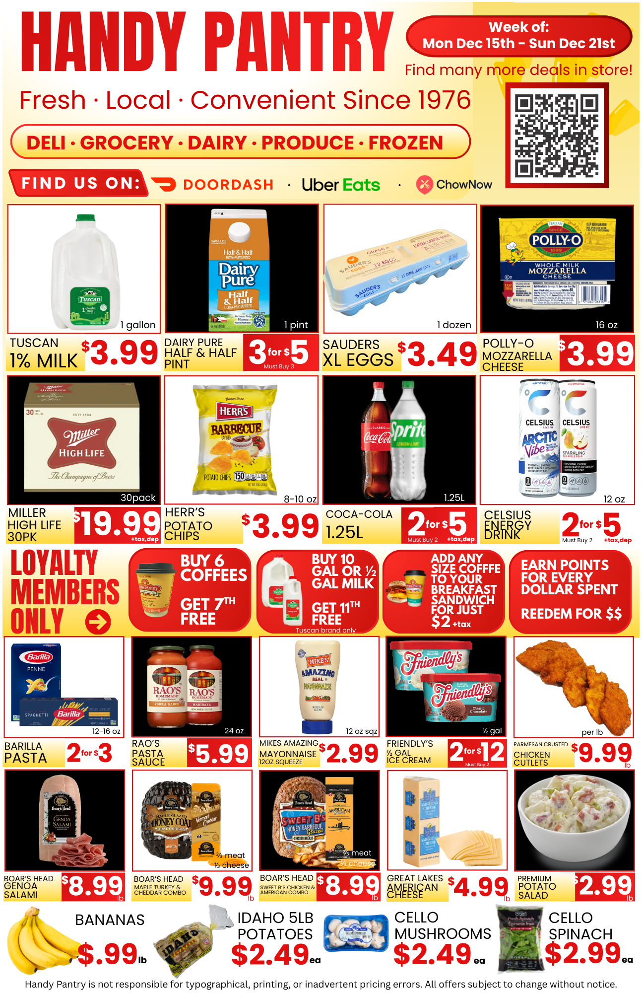 Handy Pantry grocery ad with food items, prices, and promotions. Includes dairy, produce, and frozen goods.