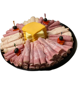 A tray of meats and cheese on a white background.