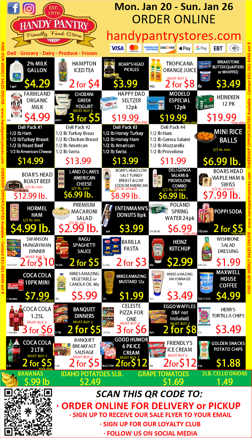 A handy pantry flyer shows a variety of items for sale