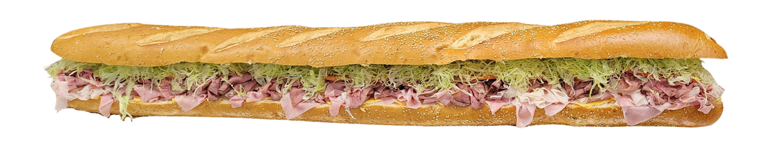 Sub sandwich with bread, meat, and lettuce.