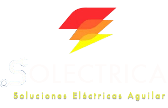 Logotipo con rayos rojos, naranjas y amarillos sobre el texto “Soluciones Eléctricas Aguilar”