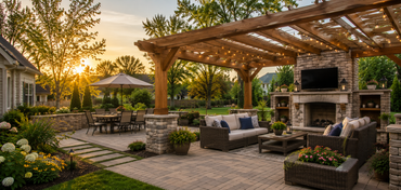 A wooden pergola is sitting in the middle of a lush green yard.