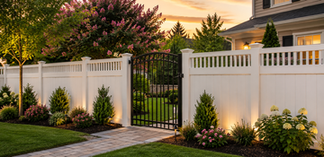 A white gate is sitting in front of a stone wall.