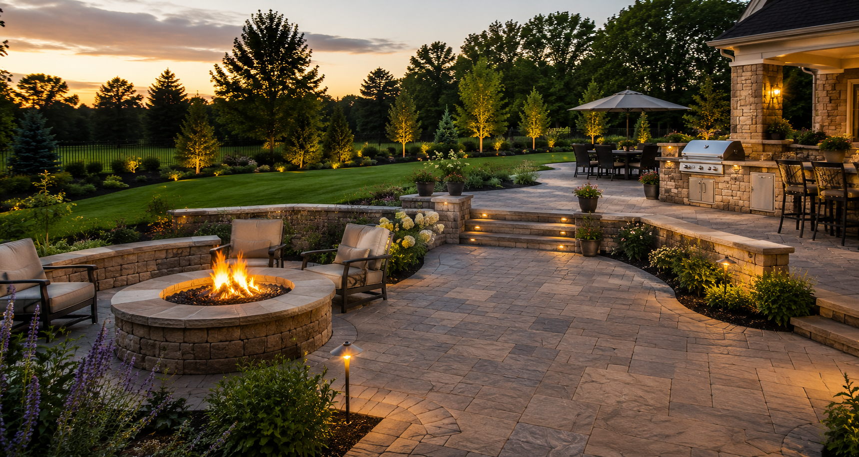 A brick walkway leading to a house with a lush green lawn.
