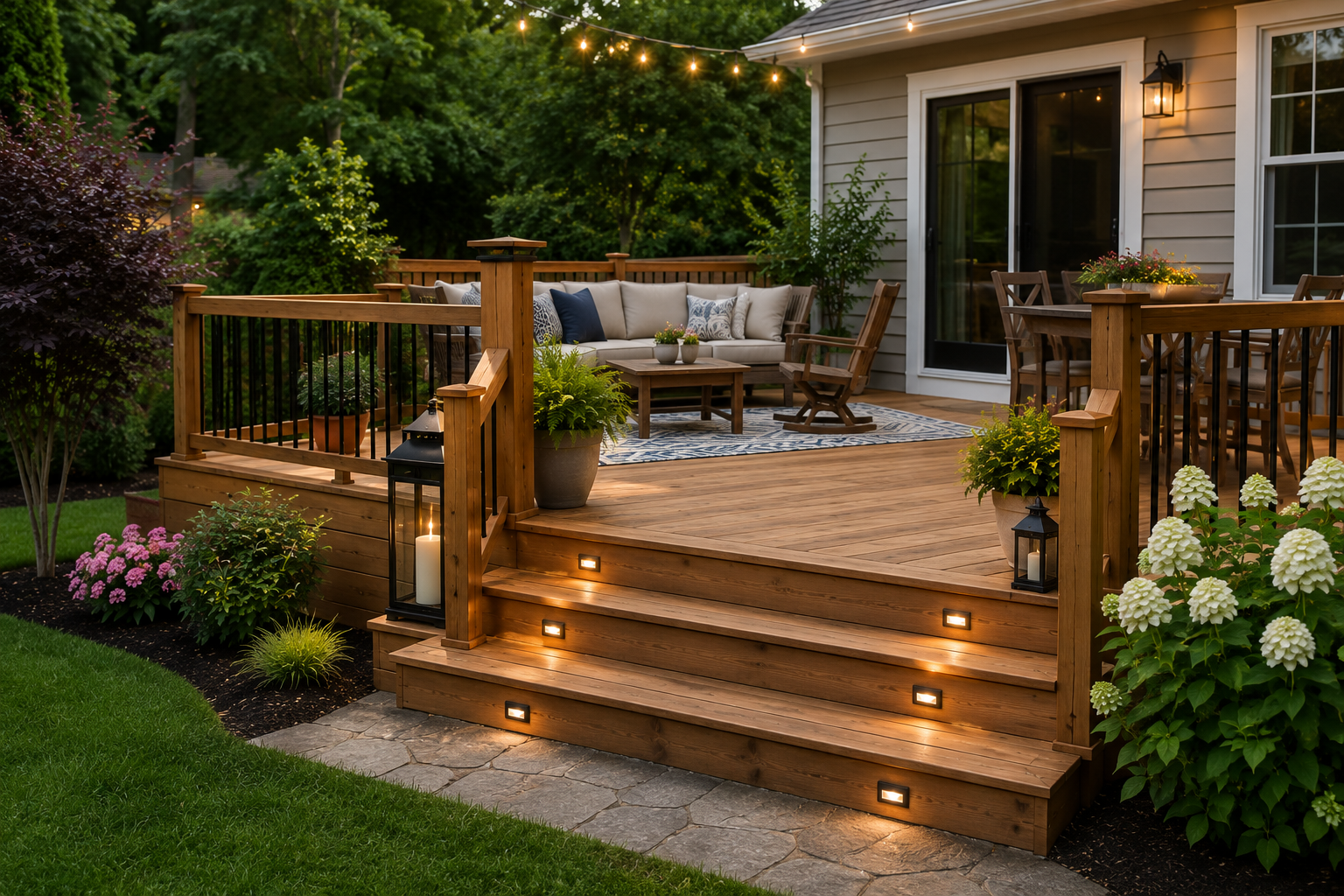 A patio with a couch , chairs , and a table in front of a house.