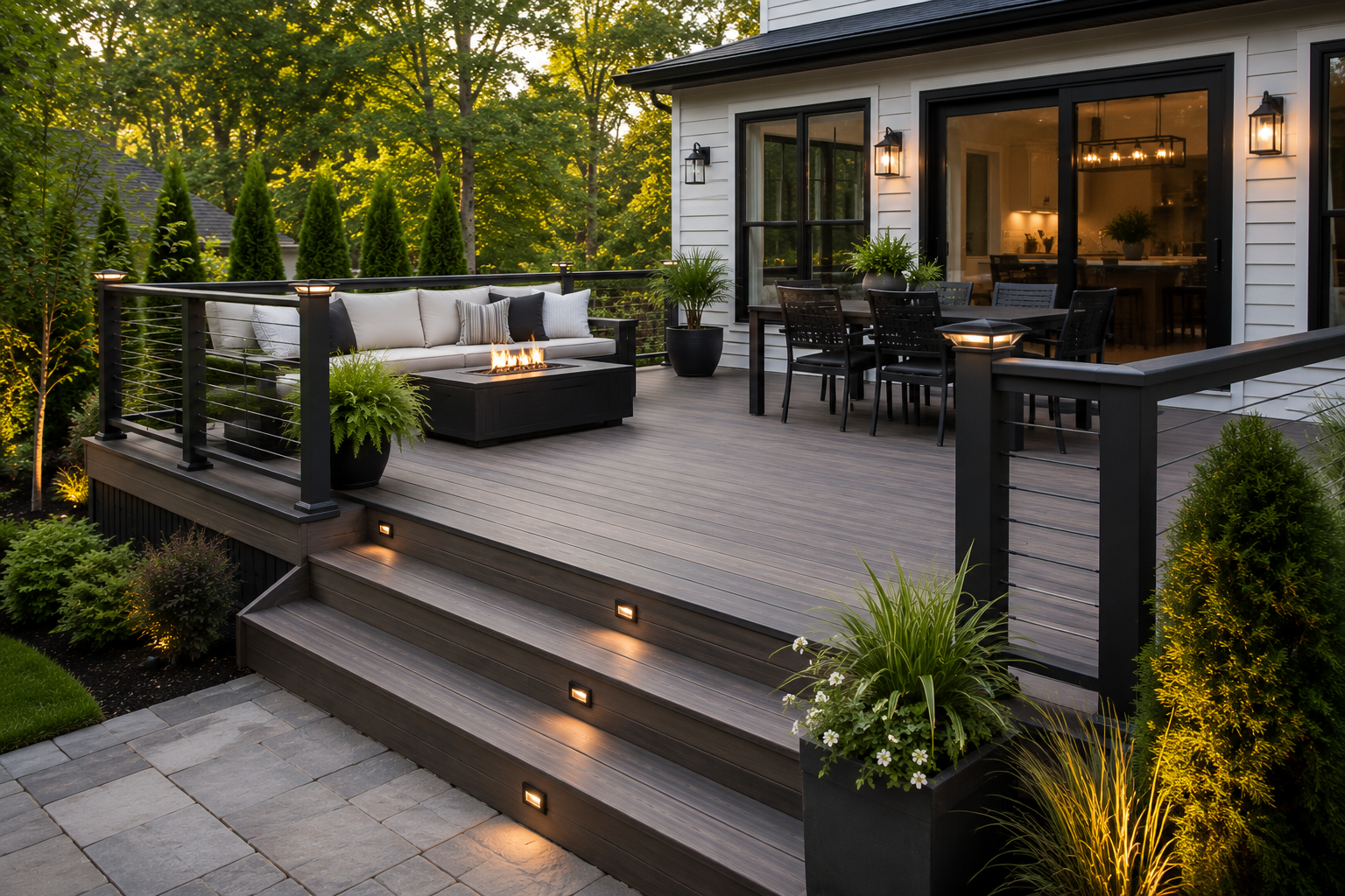 A patio with a couch , chair , table and potted plants.