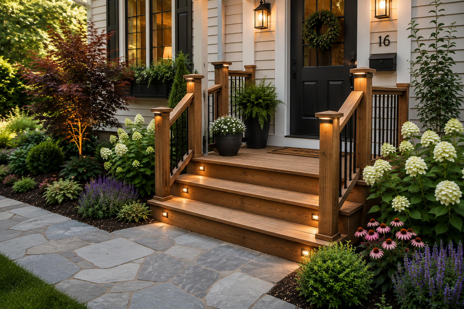 An empty screened in porch with a white railing and wooden floor.