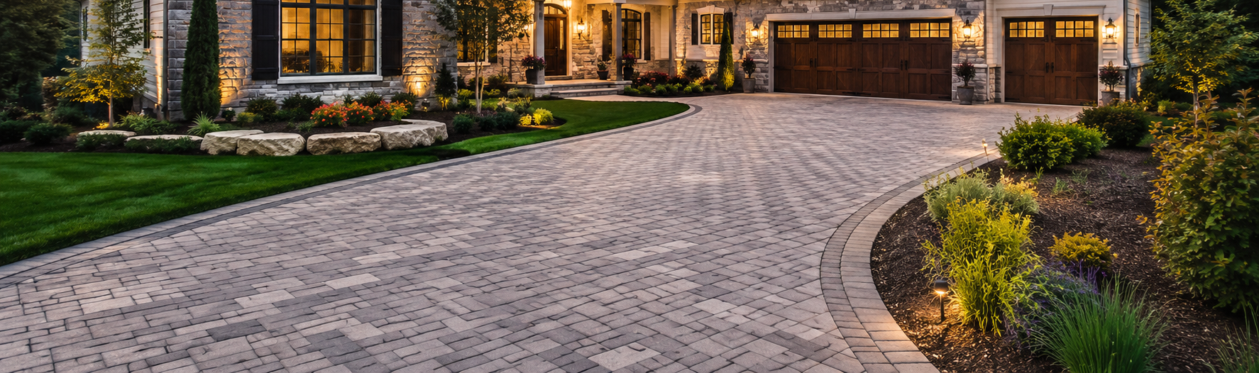A brick walkway leading to a house with a garage