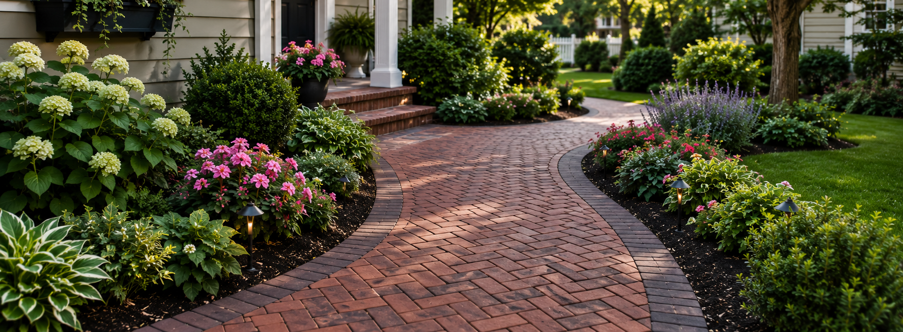 A red brick walkway with a curved path in the middle of it.