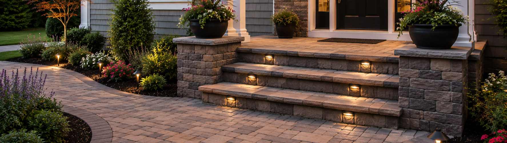 A curved walkway leading to the front of a house.