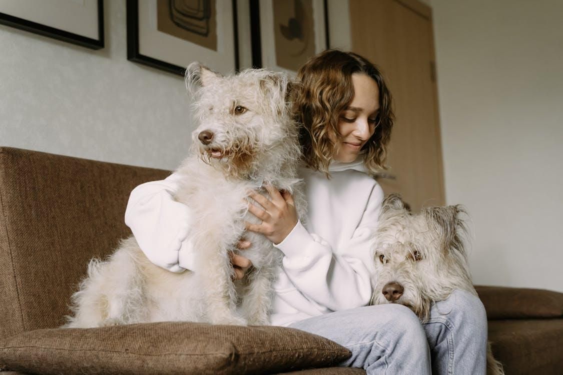 A woman holding two dogs 
