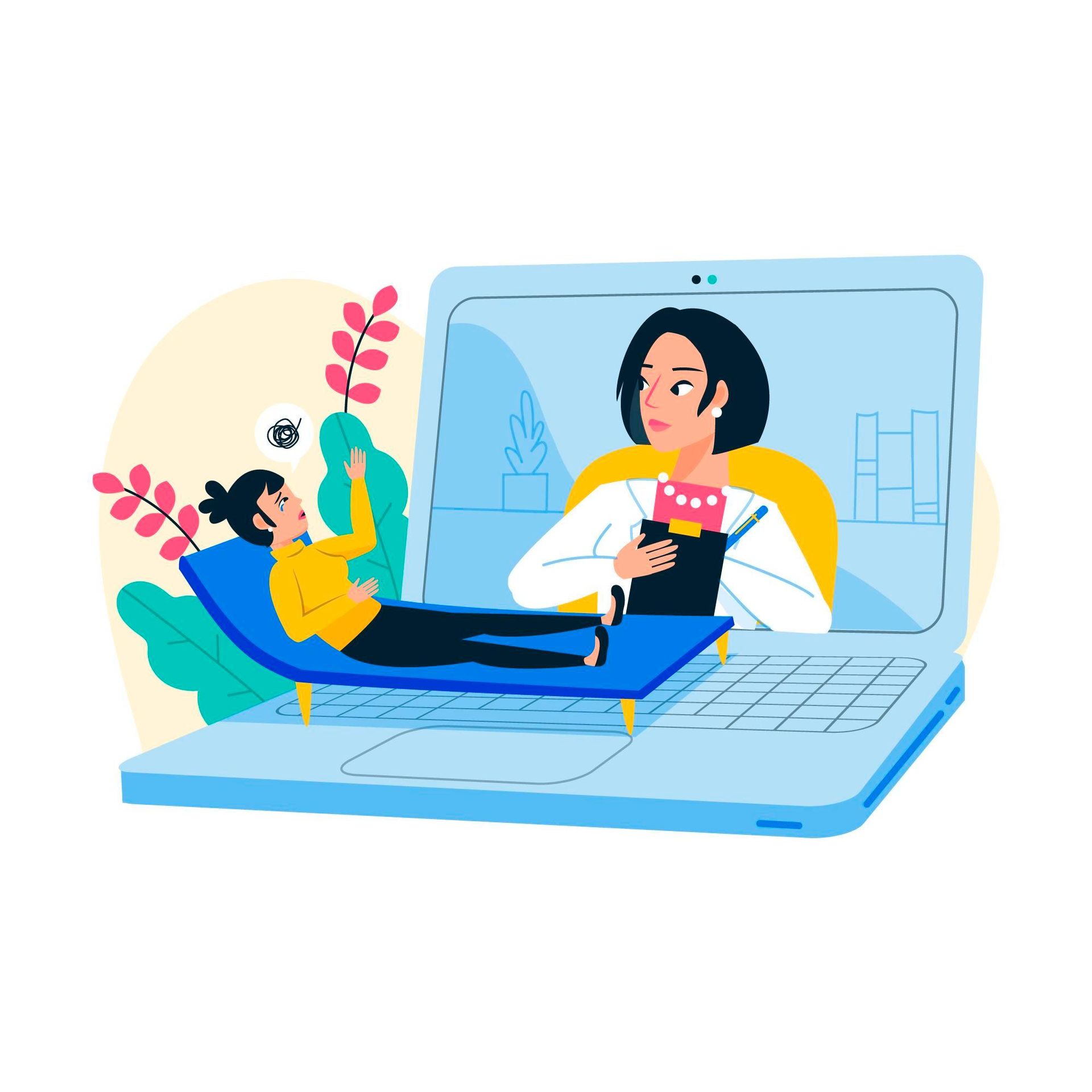 Illustration of a woman speaking during a virtual therapy session and the therapist taking notes. 