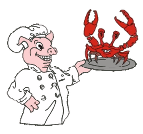 A pink pig cartoon character dressed as a chef holds a silver platter with a red crab on it.