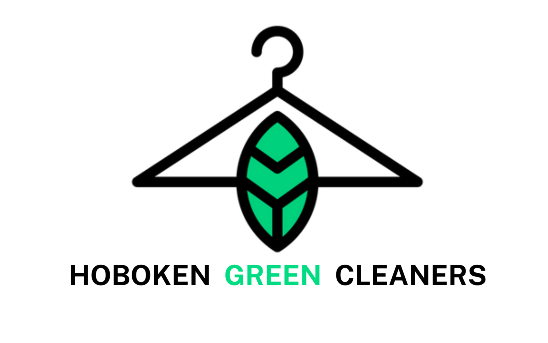 Logo of Hoboken Green Cleaners: black hanger with a green leaf in the middle, text 