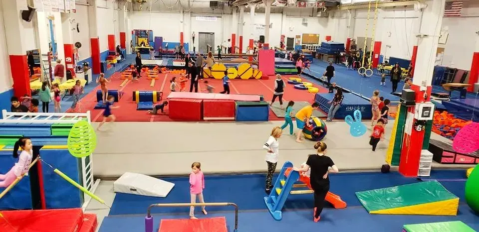 a group of children are playing in a gym