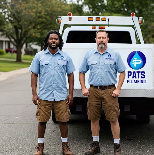 Two plumbers in uniform stand in front of their work truck, advertising for Pat's Plumbing of Windermere FL