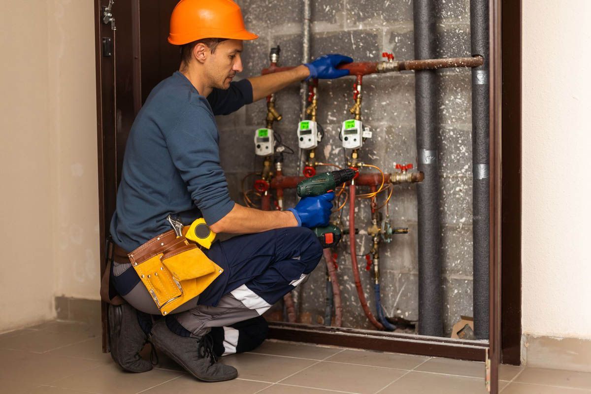 Plumber in orange hard hat works on pipes in a utility room, using a drill, wearing gloves.
