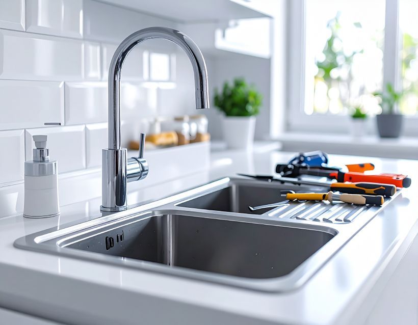 Stainless steel kitchen sink with faucet, tools on a drain rack, and white tiled backsplash.