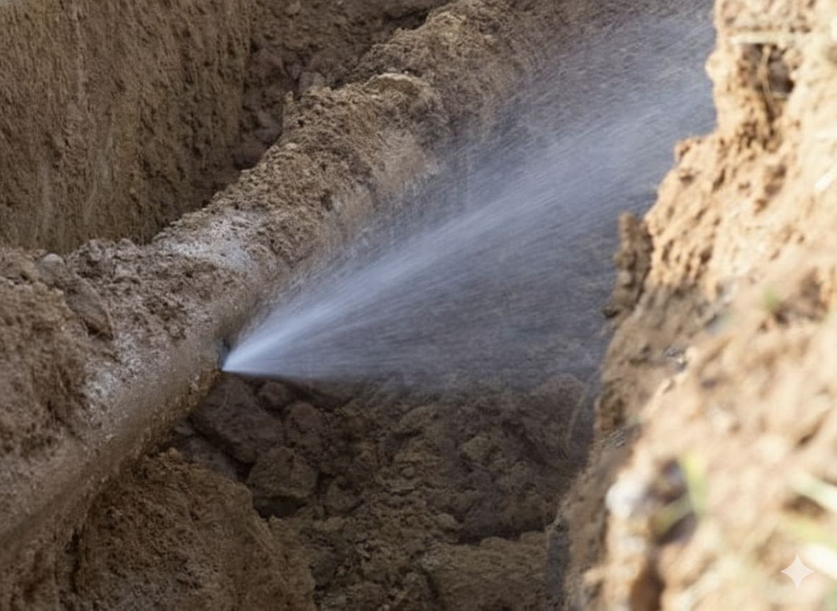 Water spurting from a broken pipe in a trench filled with brown soil.