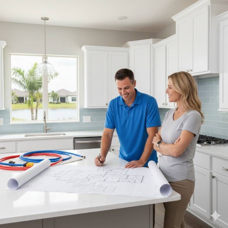 Man and woman reviewing blueprints in a bright kitchen with white cabinets.