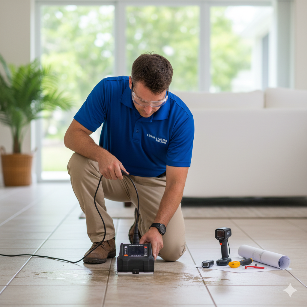 Man in blue shirt kneels, inspecting floor with a device, indoors. White sofa, window, plants in background.