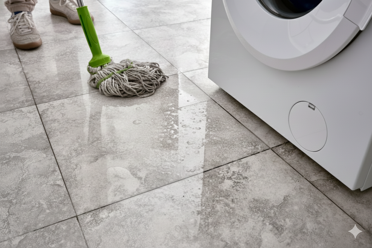 A person mopping a wet tiled floor next to a white washing machine.