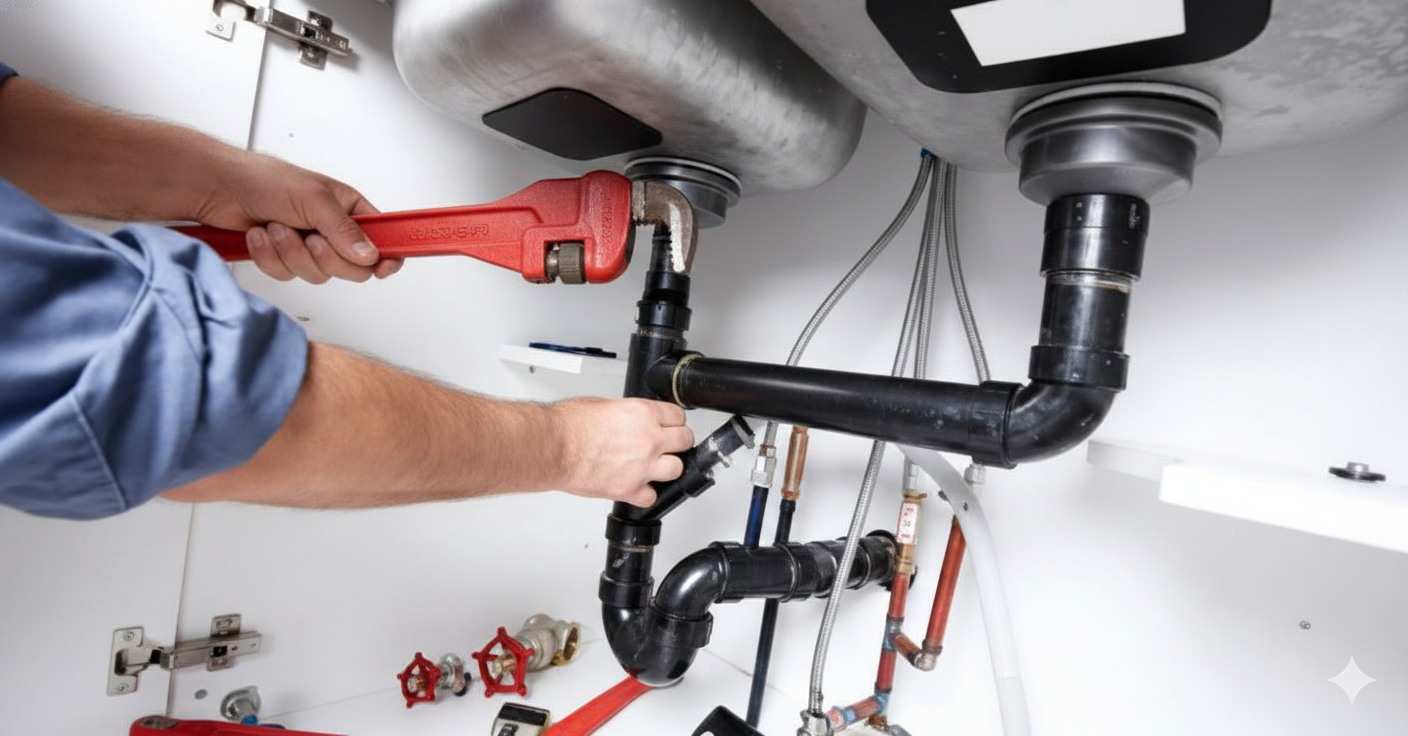 Plumber using wrench under a kitchen sink, fixing pipes.