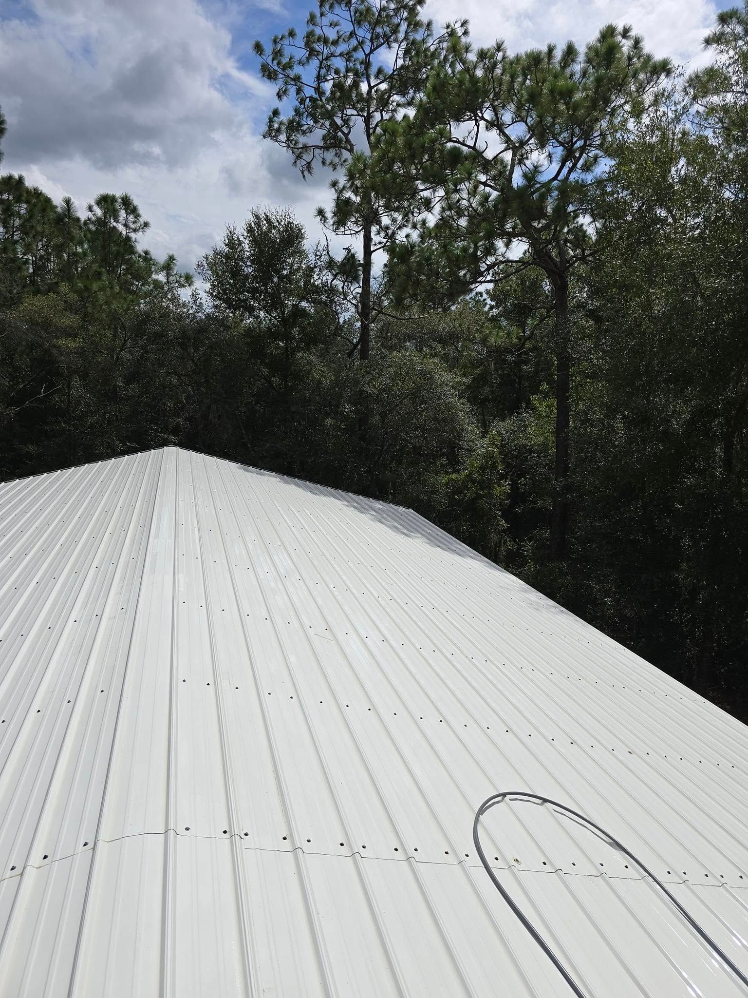 A white roof with trees in the background and a blue sky.