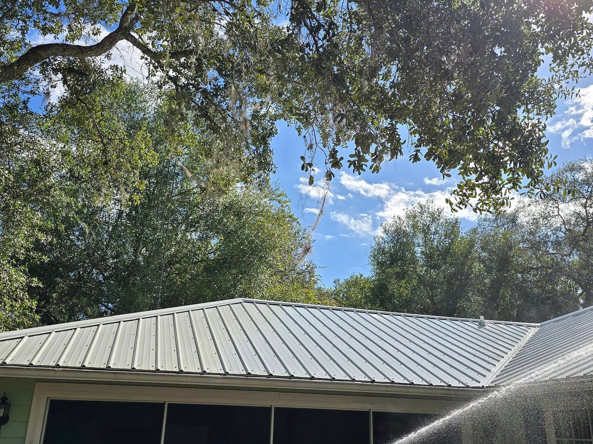 A house with a metal roof and trees in the background.