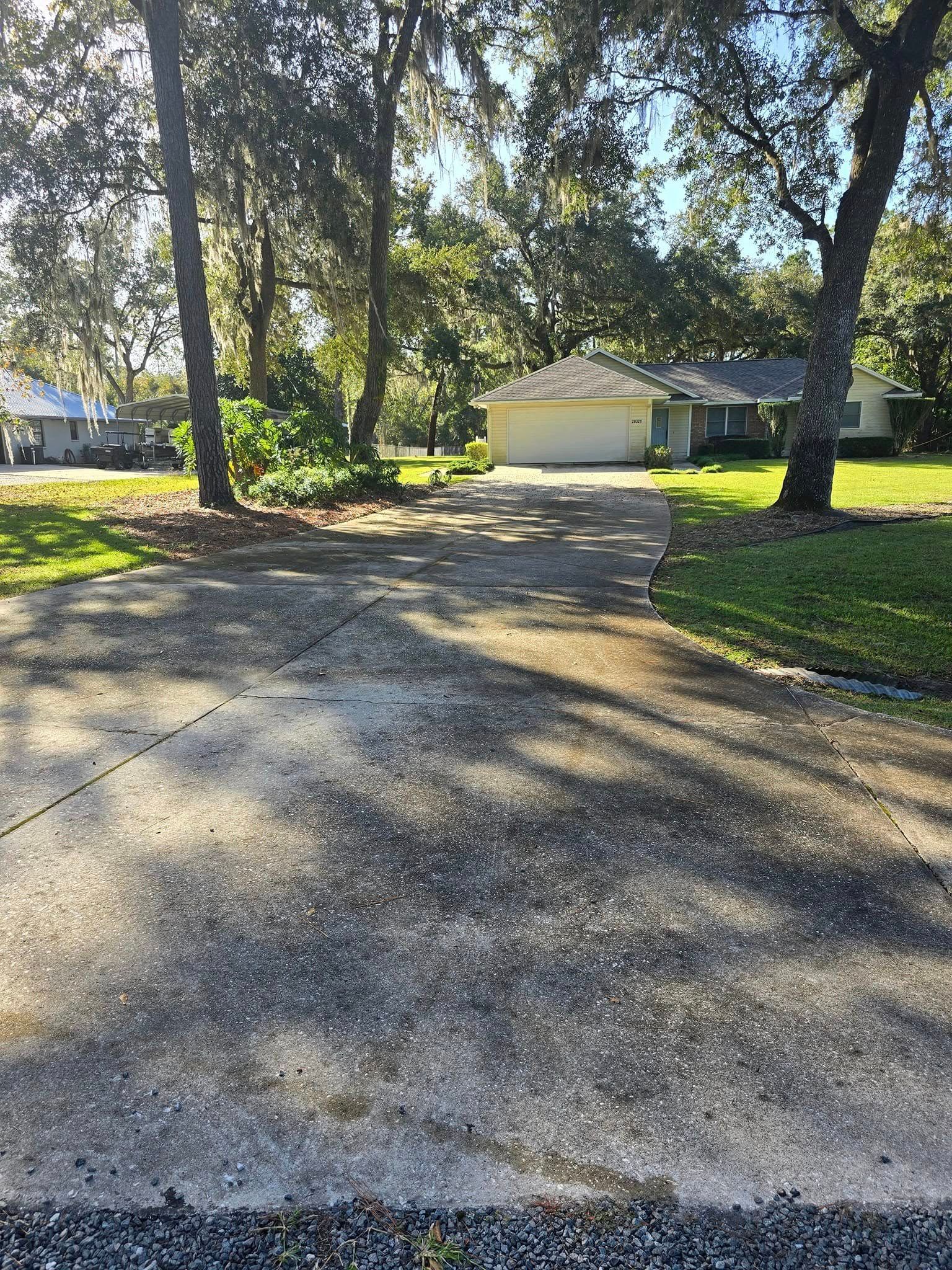 A driveway leading to a house surrounded by trees and grass.