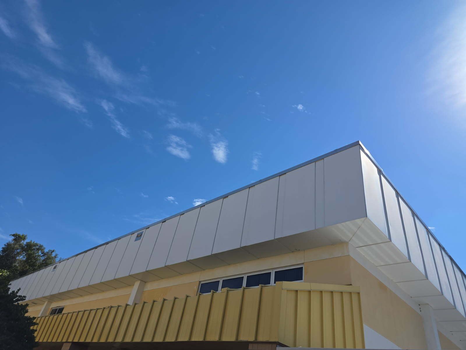 A concrete walkway leading to a small white house surrounded by trees.
