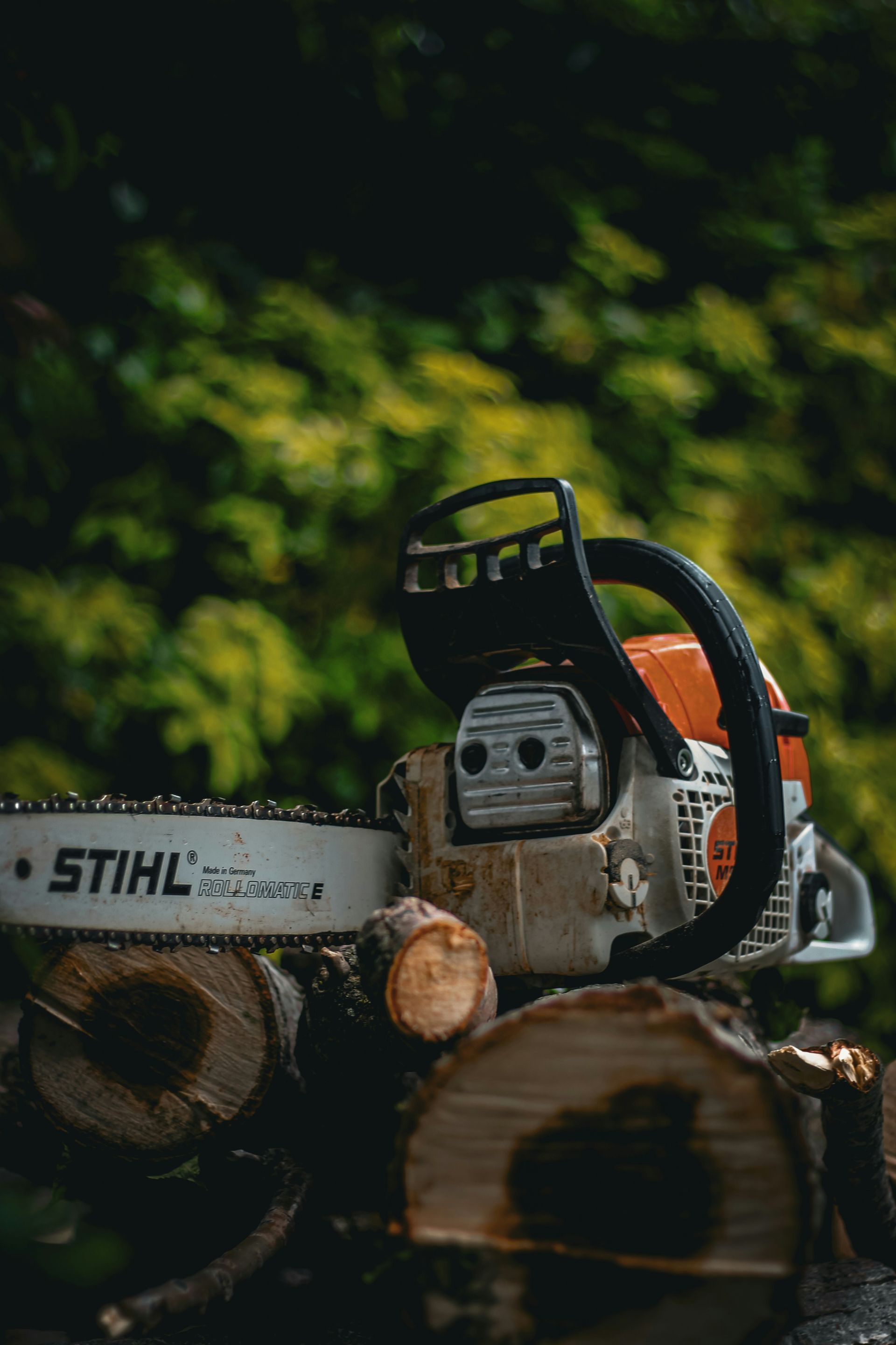 A chainsaw is sitting on top of a pile of logs.