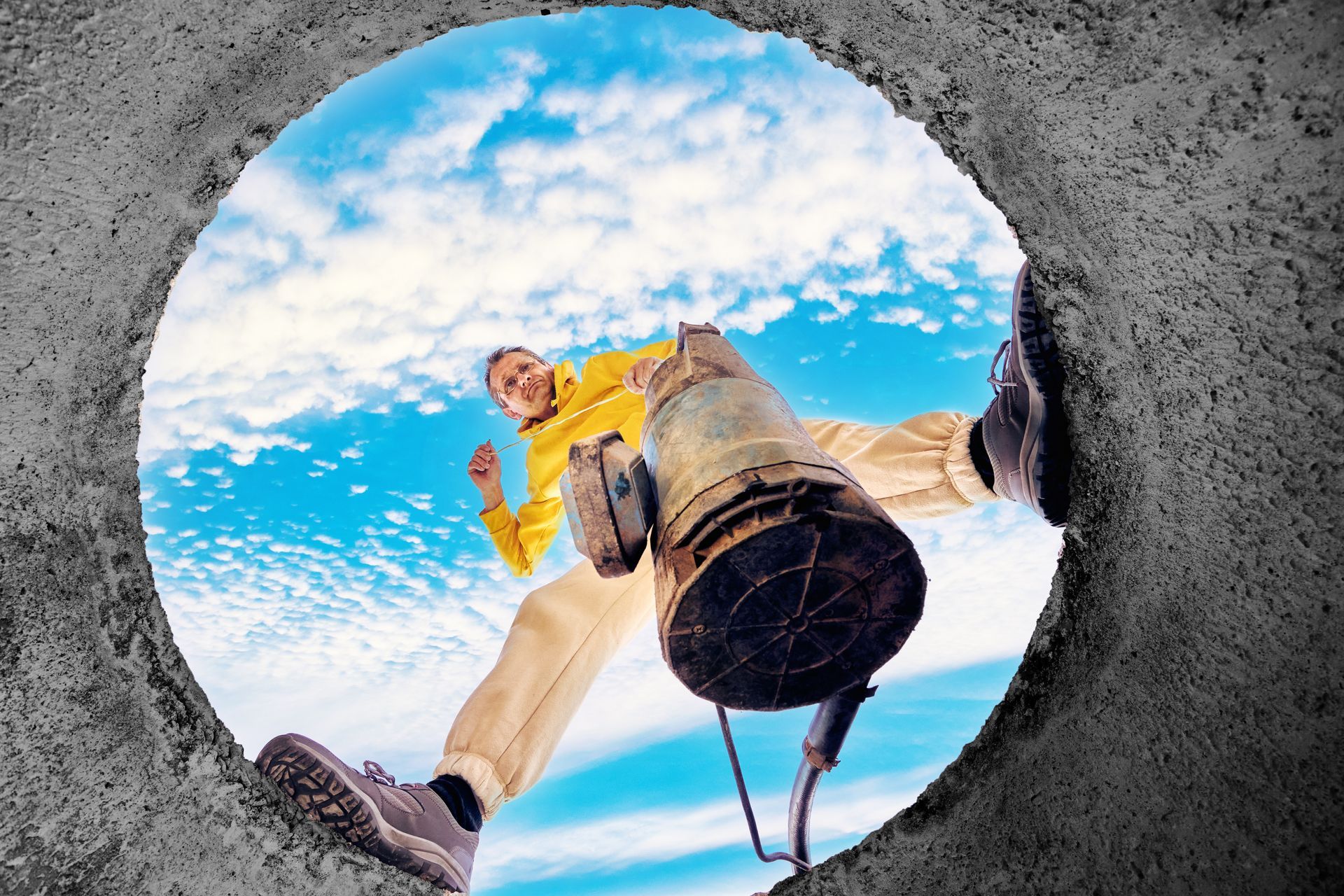 Person looking down into a circular hole, holding a yellow bucket against a blue sky Person looking down into a circular hole, holding a yellow bucket against a blue sky