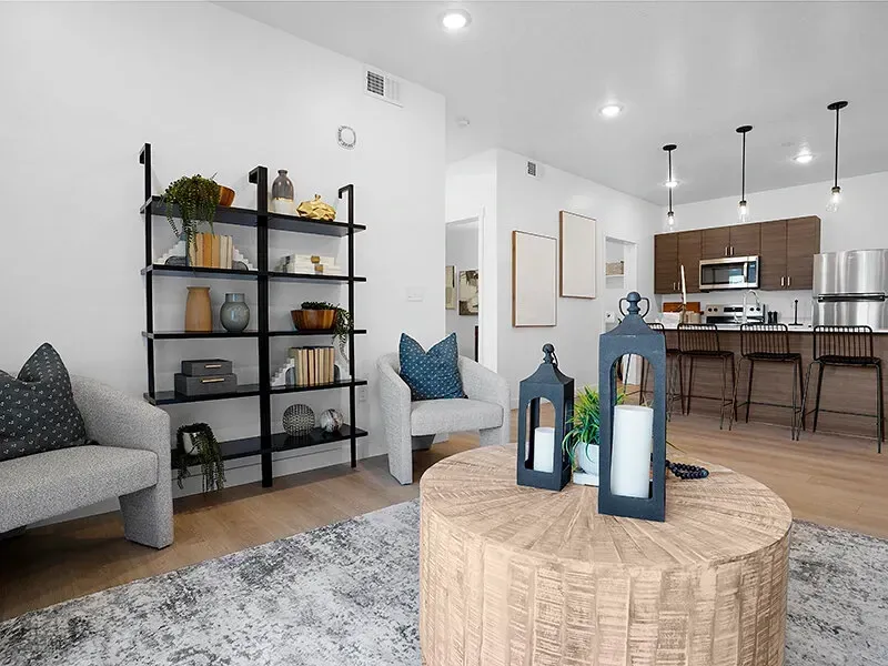 Modern apartment living room with gray seating, a black metal shelving unit, round coffee table, and kitchen island with bar stools.